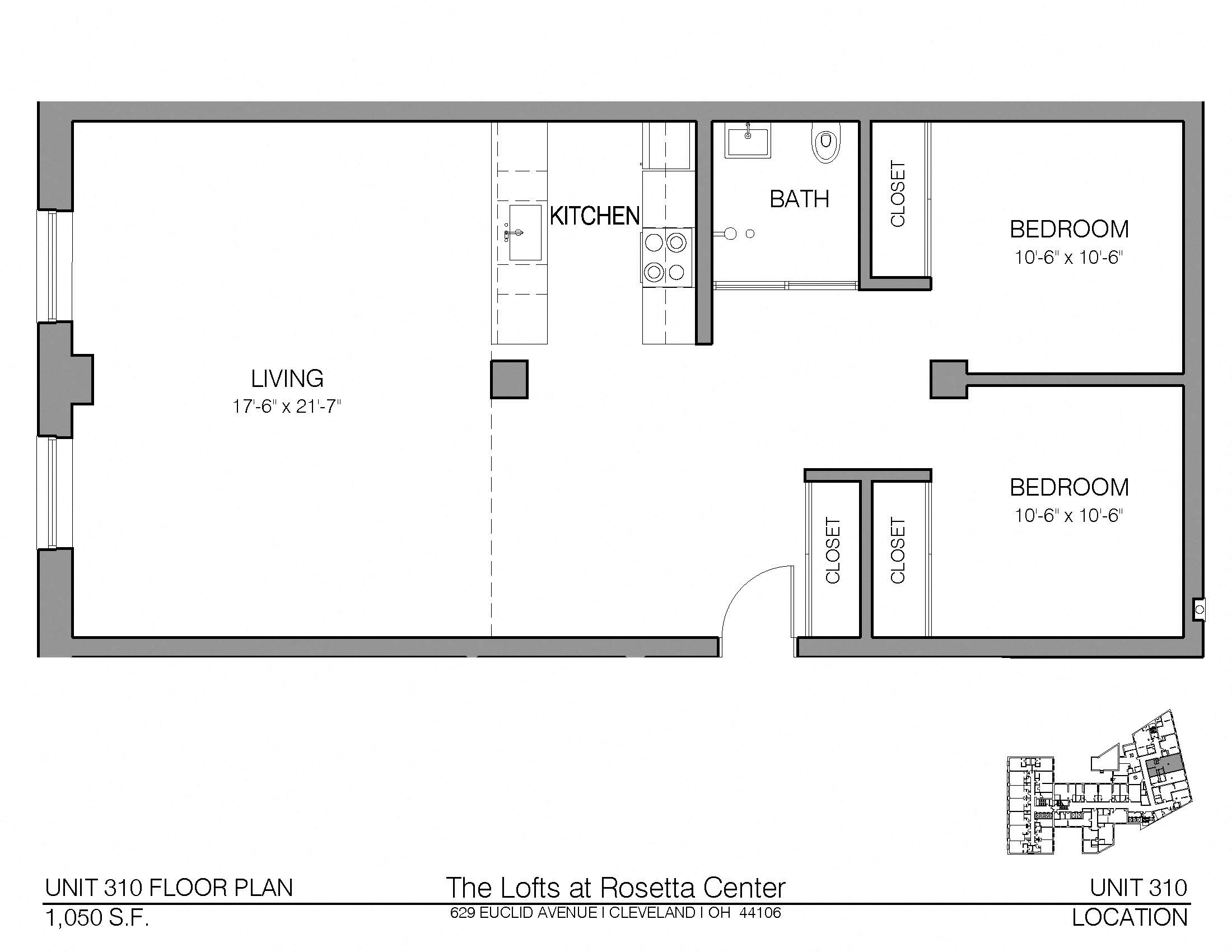 Floor plan for 2 beds, 1 bath, 1050 sqft